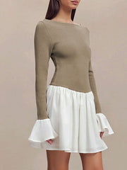 Contrast Color Pleated Split-Joint A-Line Flared Sleeves Round-Neck Mini Dresses