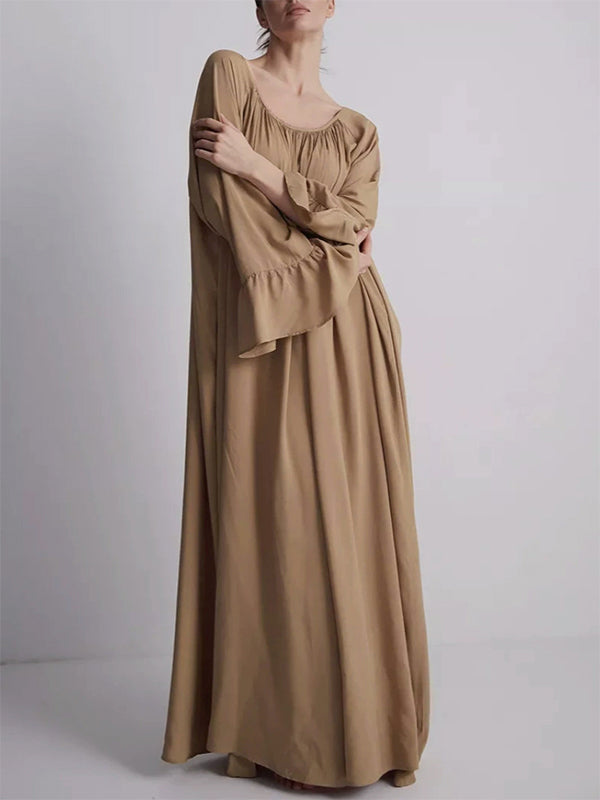 Pleated Solid Color Split-Joint Flared Sleeves Loose Round-Neck Maxi Dresses