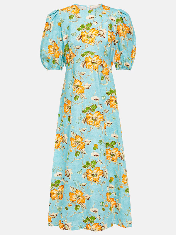 Puff Sleeves Short Sleeves Flower Print Round-Neck Maxi Dresse