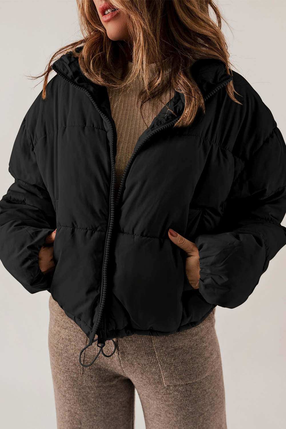 Zip Up Drawstring  Puffer Coat