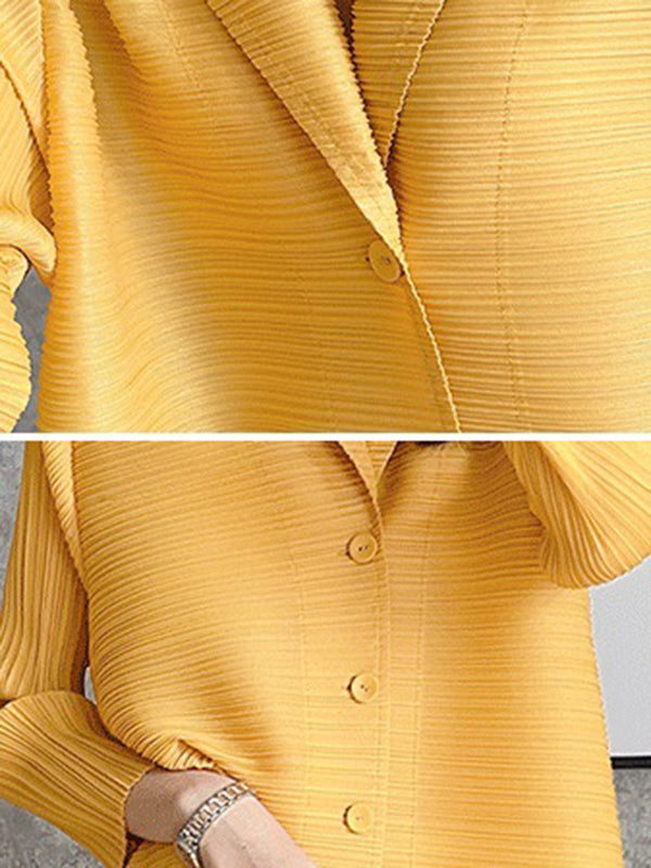 Fashion Solid Color Pleated Long Sleeves Shirt Dress Midi Dress