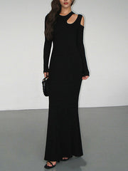 Hollow Solid Color Long Sleeves Skinny Cold Shoulder Maxi Dresses