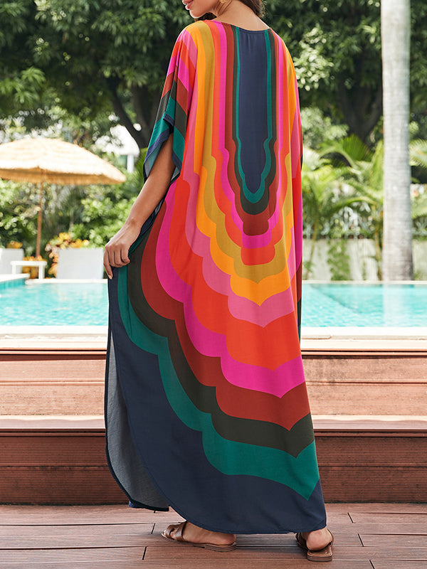 Contrast Color Printed Sun Protection Batwing Sleeves Loose Round-Neck Maxi Dresses