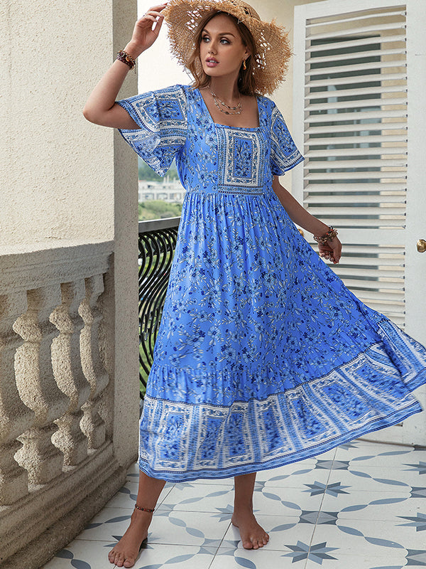 Bohemia Puff Sleeves Floral Printed U-Neck Maxi Dress