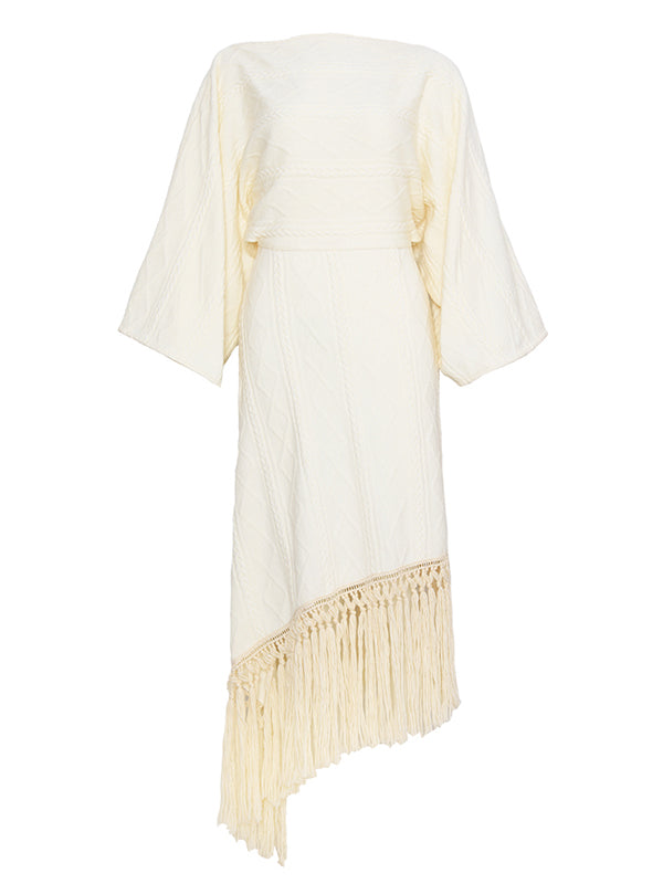 Vacation Loose Puff Sleeves Tasseled Solid Color Round-Neck Maxi Dress