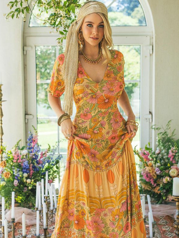 Bohemia Half Sleeves Floral Printed Deep V-Neck Maxi Dress