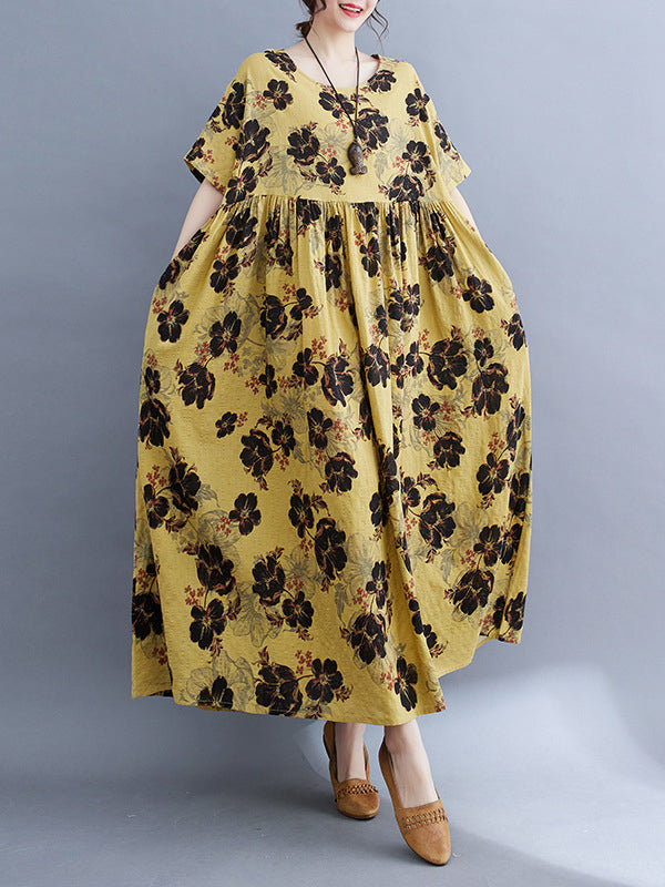 Pleated Printed Split-Joint Loose Short Sleeves Round-Neck Midi Dresses