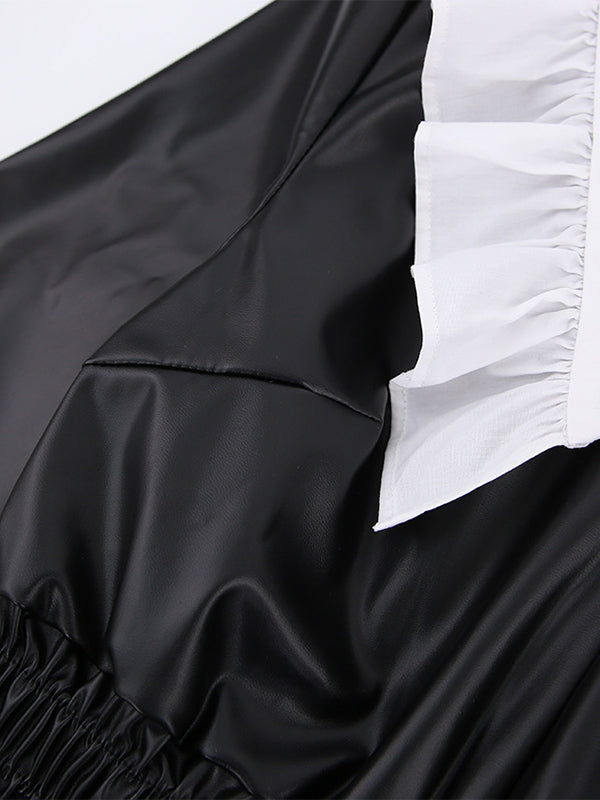 Elasticity Pleated Split-Joint Loose Puff Sleeves Peter Pan Collar Mini Dresses