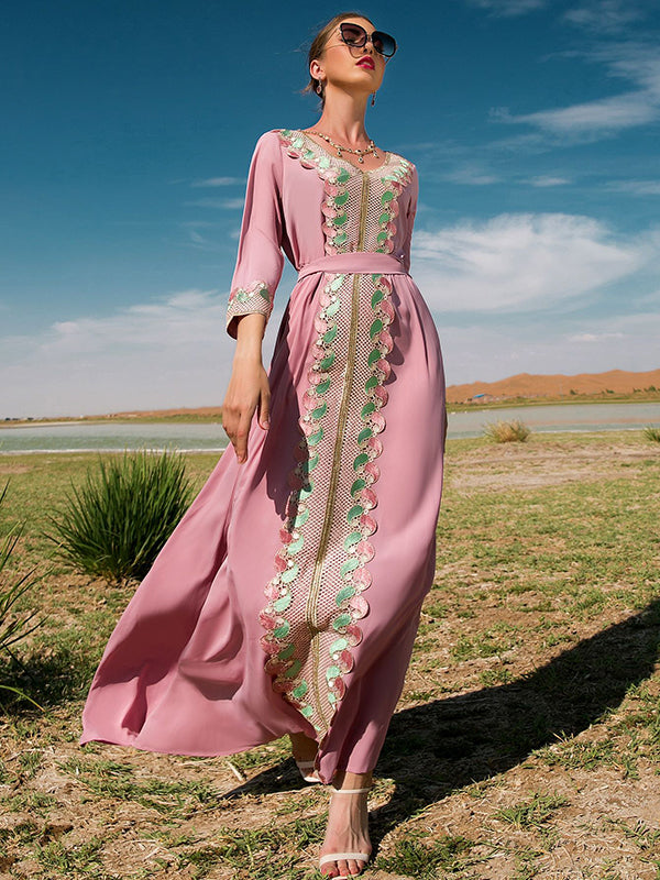 Vacation A-Line Loose Solid Color Patchwork V-Neck Dress