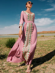 Vacation A-Line Loose Solid Color Patchwork V-Neck Dress