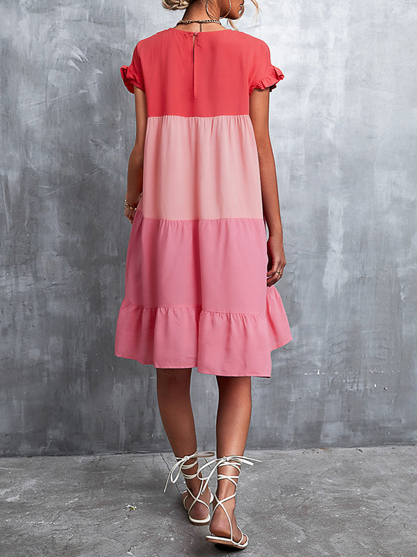 Contrast Color Falbala Pleated Split-Joint Loose Ruffle Sleeves Round-Neck Mini Dresses