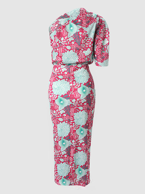 Asymmetric Flower Print Half Sleeves Loose One-Shoulder Maxi Dresses