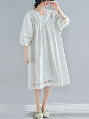 Vintage Hollow Split-Joint Loose Bishop Sleeve Midi Dress