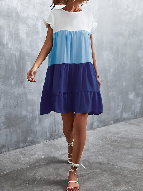 Contrast Color Falbala Pleated Split-Joint Loose Ruffle Sleeves Round-Neck Mini Dresses