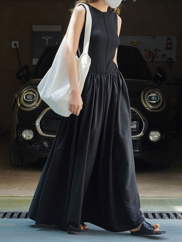 Pleated Solid Color Split-Joint Loose Sleeveless Round-Neck Maxi Dresses