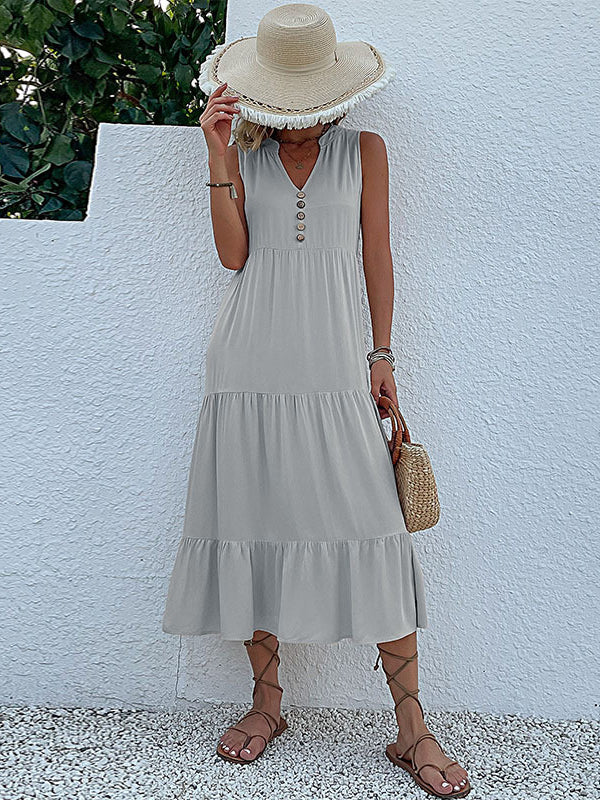 Pleated Split-Joint Loose Sleeveless V-Neck Midi Dresses