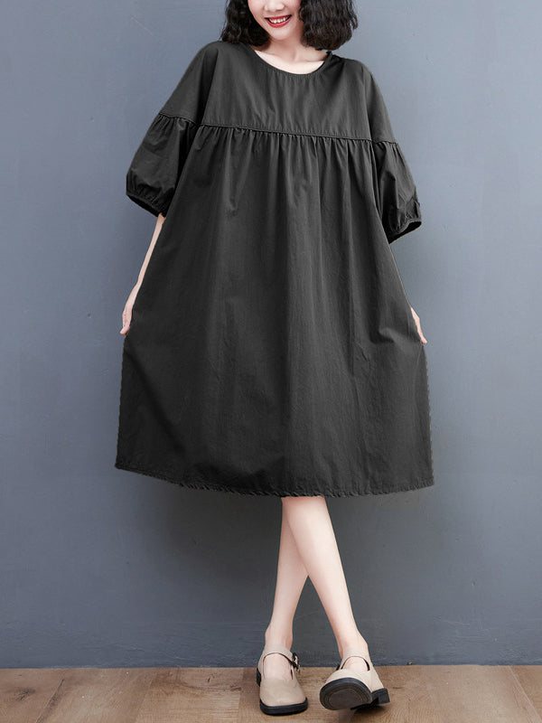 Solid Color Loose Short Sleeves Round-neck Midi Dresses
