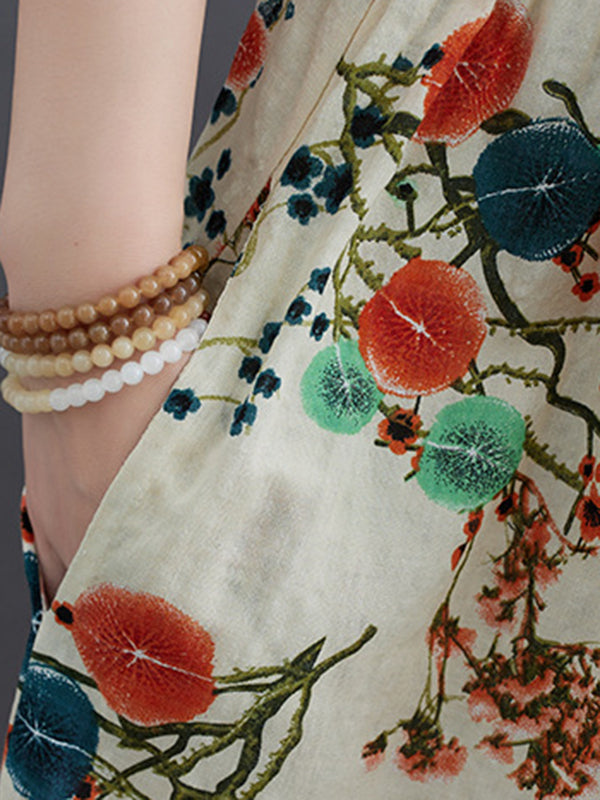 Floral Printed Loose Short Sleeves Round-neck Midi Dresses