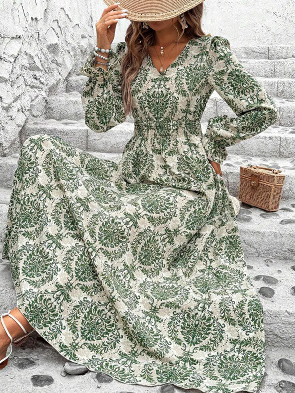 Elasticity Printed Split-Joint Loose Puff Sleeves V-Neck Maxi Dresses