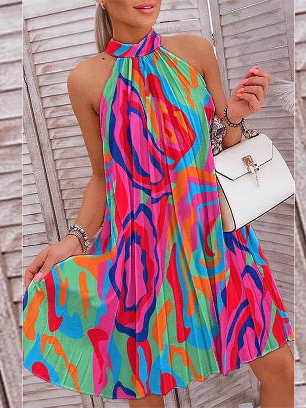 Pleated Printed Loose Plus Size Halter-Neck Short Dresses Mini Dresses