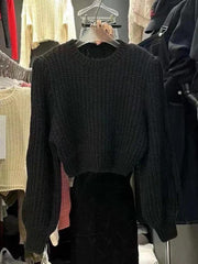 Solid Lantern Sleeve Short Knit Sweater