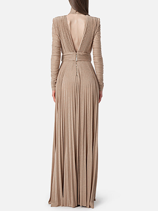 Long Sleeves Pleated Solid Color Split-Side V-Back High-Neck Evening Dresses Maxi Dresses