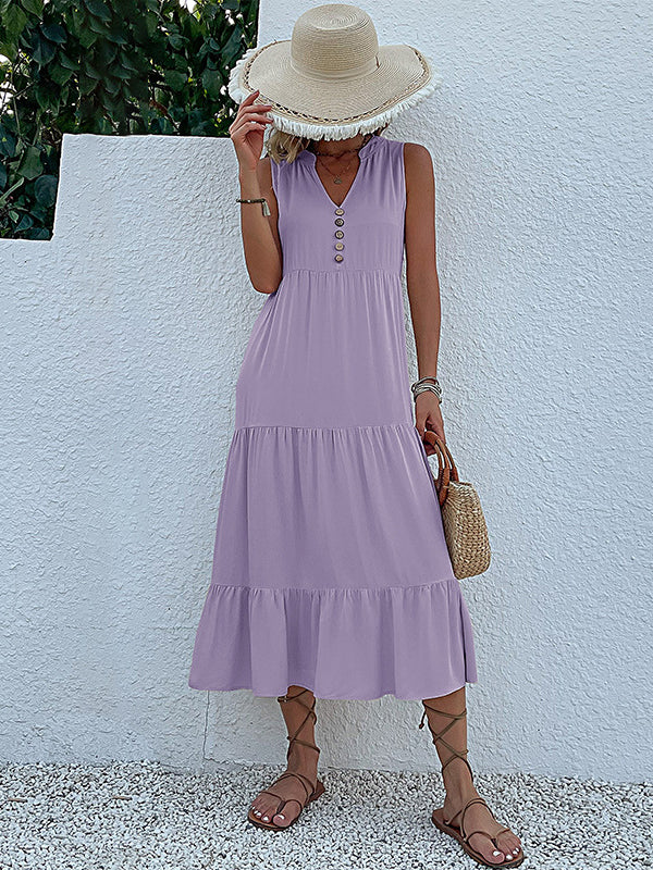 Pleated Split-Joint Loose Sleeveless V-Neck Midi Dresses