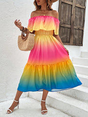 Contrast Color Elasticity A-Line Loose Off-The-Shoulder Midi Dresses