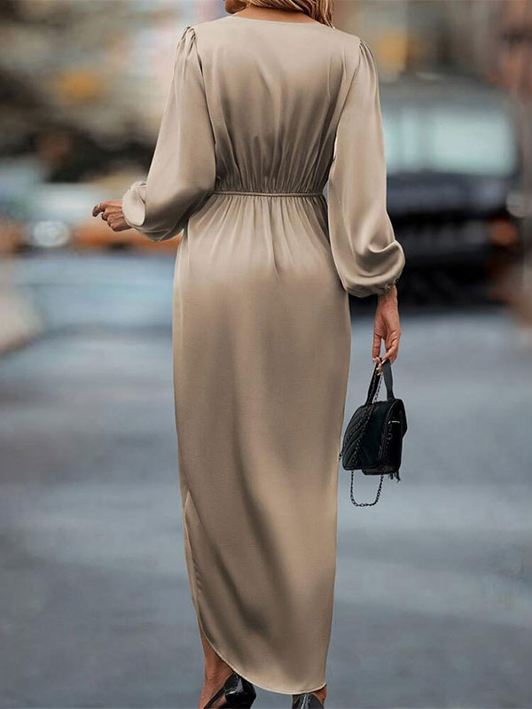 Pleated Solid Color Split-Joint Loose Puff Sleeves V-neck Midi Dresses