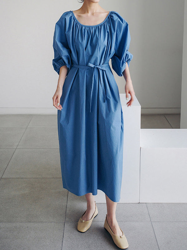 Original Casual Loose Solid Color Pleated Puff Sleeves Midi Dress