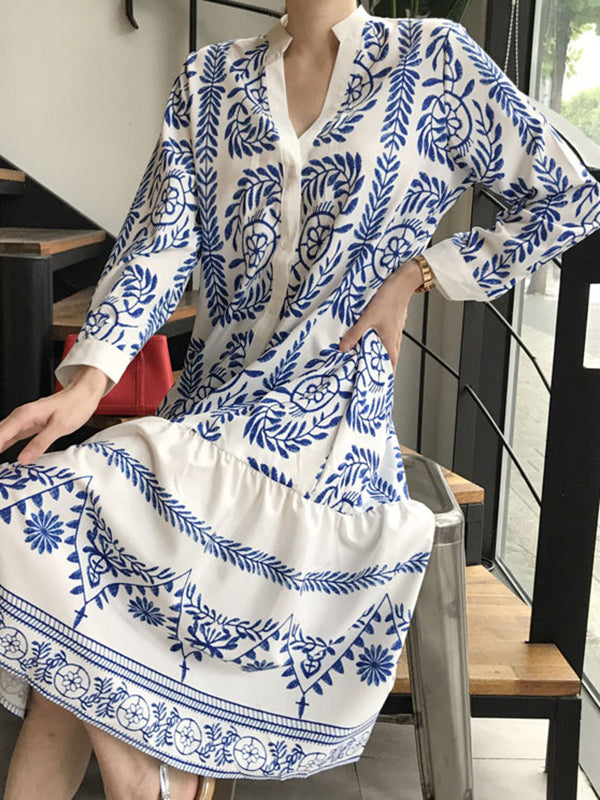 Leaves Print Printed Long Sleeves Loose Stand Collar Midi Dresses