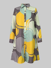 Buttoned Pockets Printed A-line Long Sleeves Lapel Midi Dresses