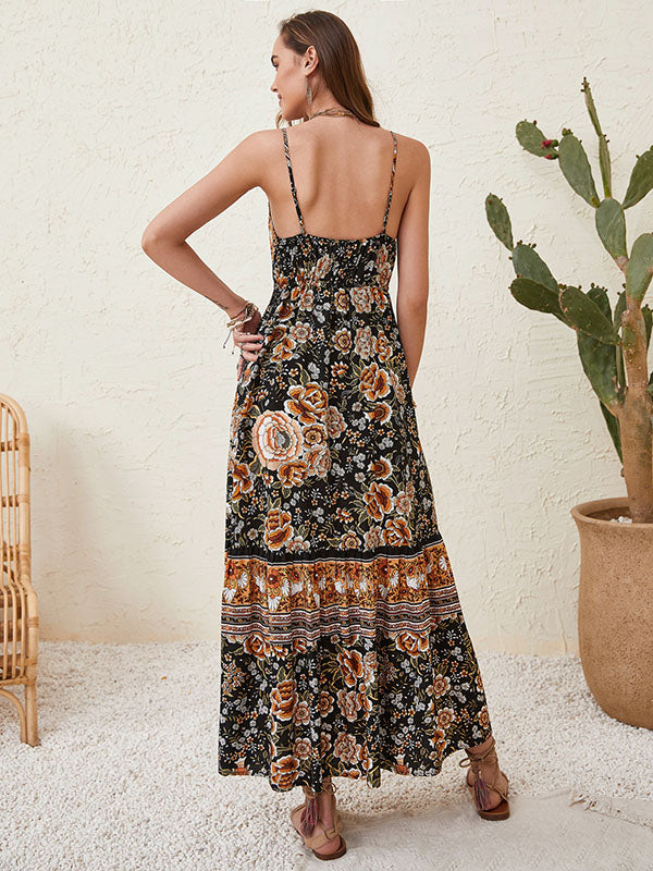 Bohemia Sleeveless Loose Floral Printed Lace-Up V-Neck Midi Dress