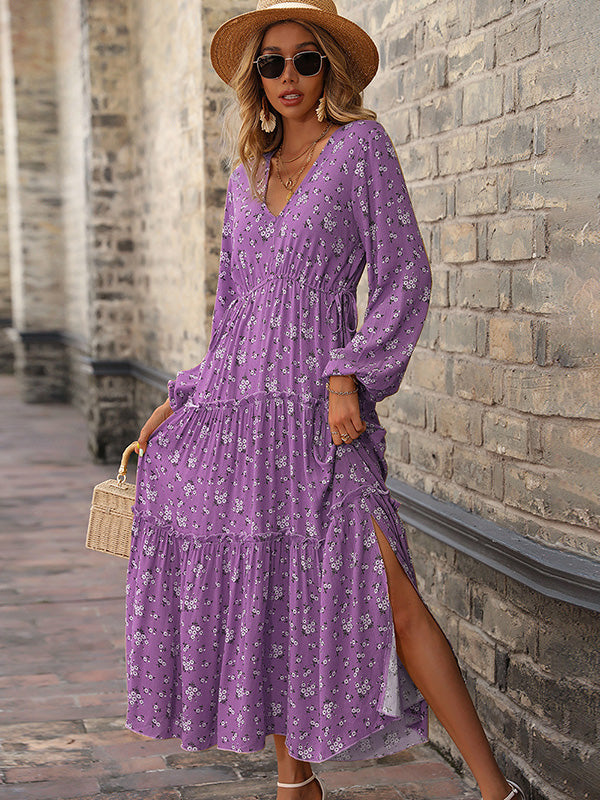 Vacation Puff Sleeves Floral Printed V-Neck Dress