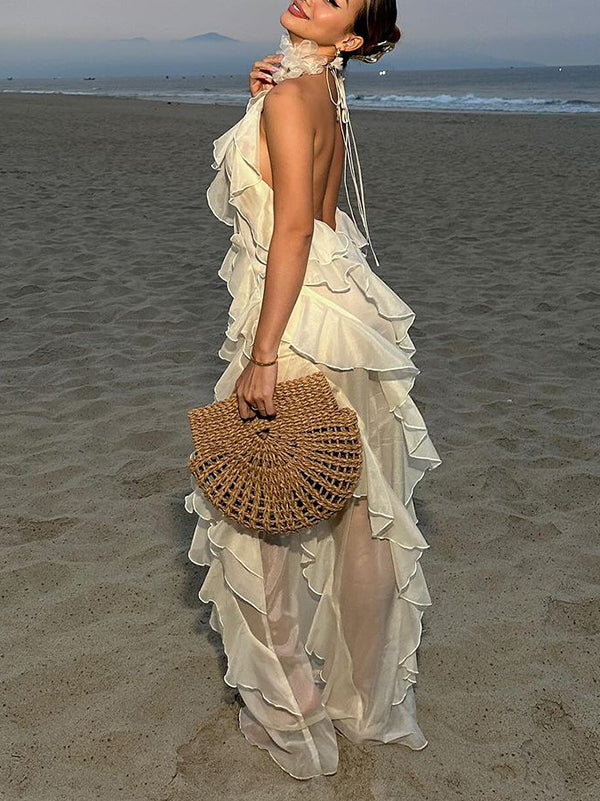 Backless Mesh Ruffle Trim See-Through Split-Side Tied Loose Sleeveless Halter-Neck Maxi Dresses