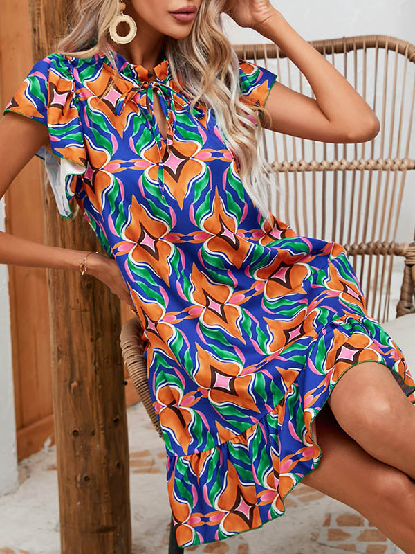 Hollow Pleated Printed Split-Joint Tied A-Line High Waisted Round-Neck Mini Dresses