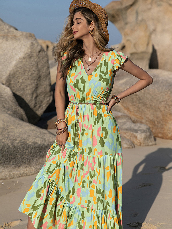 Bohemia A-Line Flared Sleeves V-Neck Maxi Dress