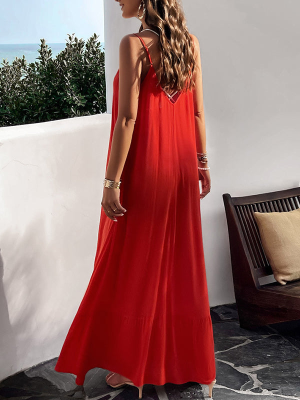 Pleated Solid Color Split-Joint Loose Sleeveless Spaghetti-Neck Maxi Dresses