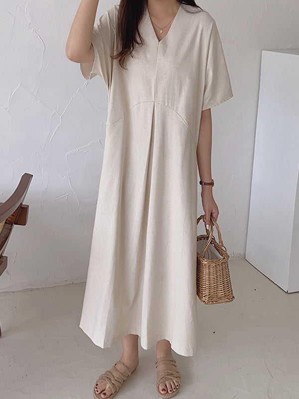 Loose Solid Color V-Neck Pleated With Pockets Midi Dresses