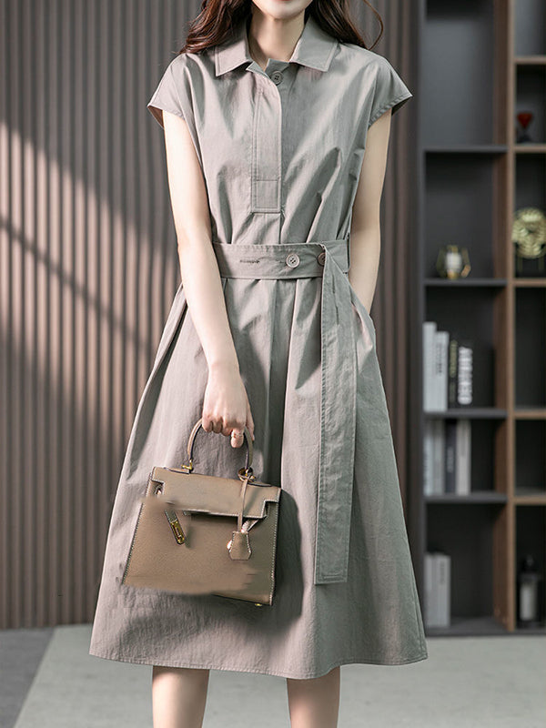 Bandage Solid Color Plus Size Short Sleeves Lapel Midi Dresses