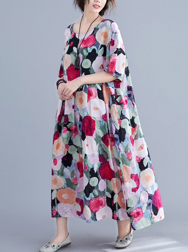 Original Floral Round-Neck Dresses