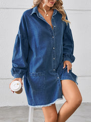 Buttoned Fringed Pleated Pockets Split-Joint Long Sleeves Loose Lapel Mini Dresses
