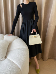 Elasticity Hollow Solid Color Split-Joint A-Line Long Sleeves Round-Neck Midi Dresses