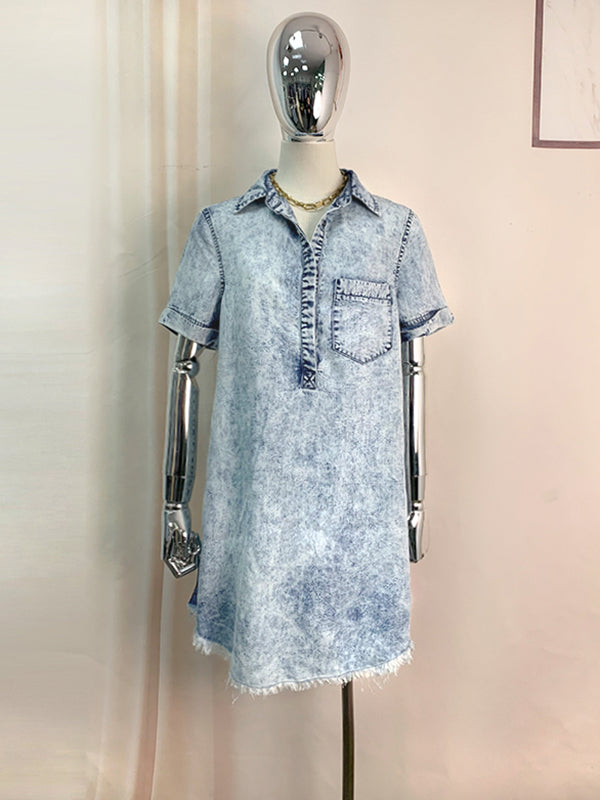 Fringed Pleated Pockets Split-Joint A-Line Loose Lapel Mini Dresses