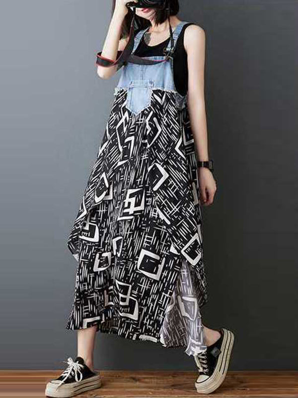 Flower Print Pockets Split-Joint Loose Plus Size Spaghetti-Neck Suspender Dress Maxi Dresses