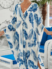 Leaves Print Split-Joint Split-Side Sun Protection Batwing Sleeves Loose V-Neck Maxi Dresses Beach Cover-Up