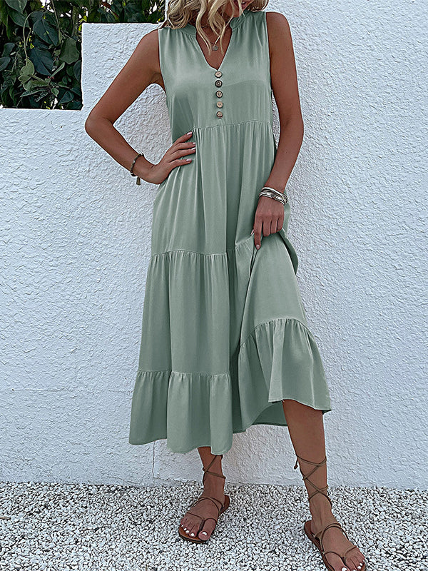 Pleated Split-Joint Loose Sleeveless V-Neck Midi Dresses