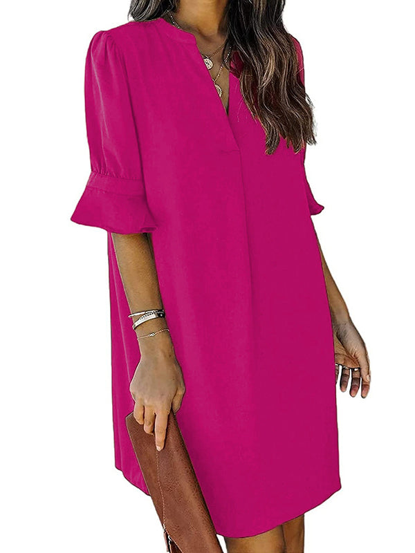 Pleated Ruffled Solid Color Split-Joint A-Line Flared Sleeves V-Neck Mini Dresses