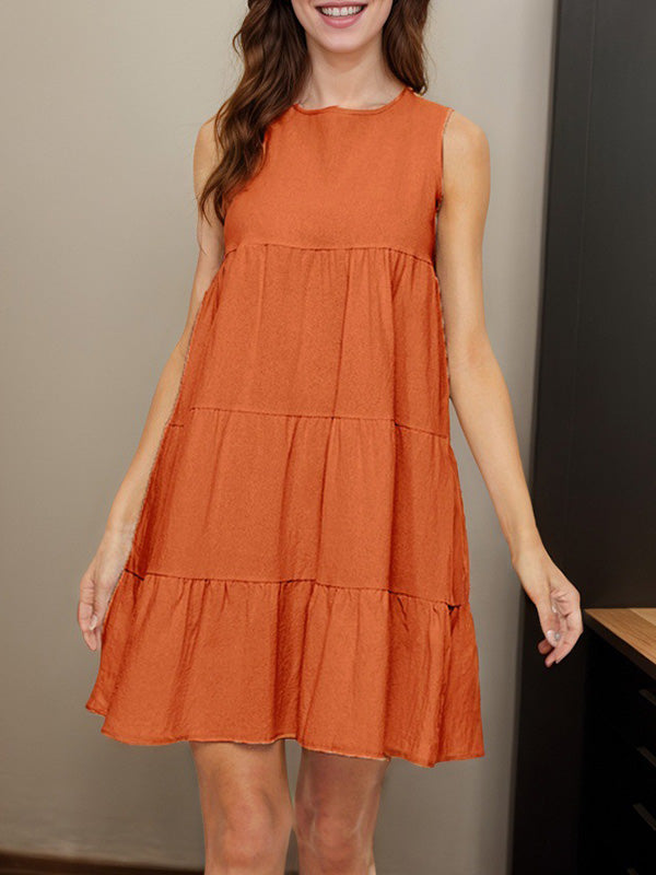 Pleated Solid Color Split-Joint A-Line Loose Round-Neck Mini Dresses