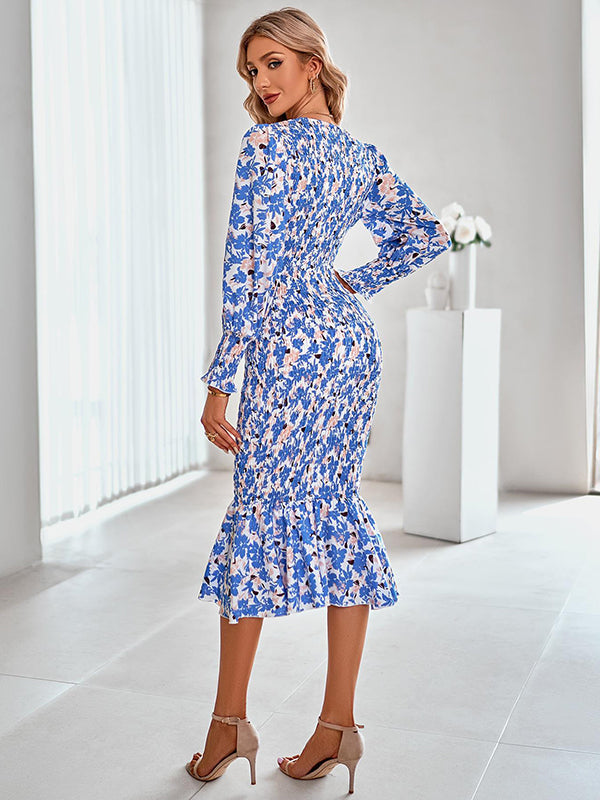 Bohemia Loose Puff Sleeves Floral Printed V-Neck Dress